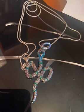 925 Teal and Silver Snake Pendant and 925 Necklace - Women Jewelry
